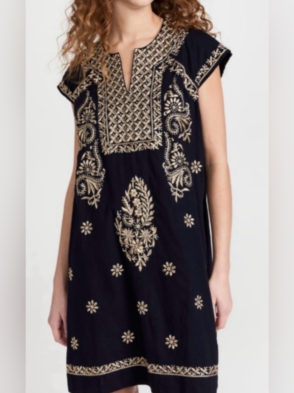 Roller Rabbit Navy and Gold Embroidered Shift Cotton Mini Dress - Size S